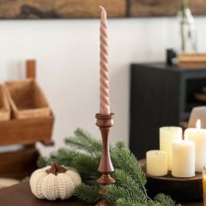 Rustic Oak Candlestick with twisted mauve candle. Part of a pair with 4 candles, wholesale for restaurant & gift.