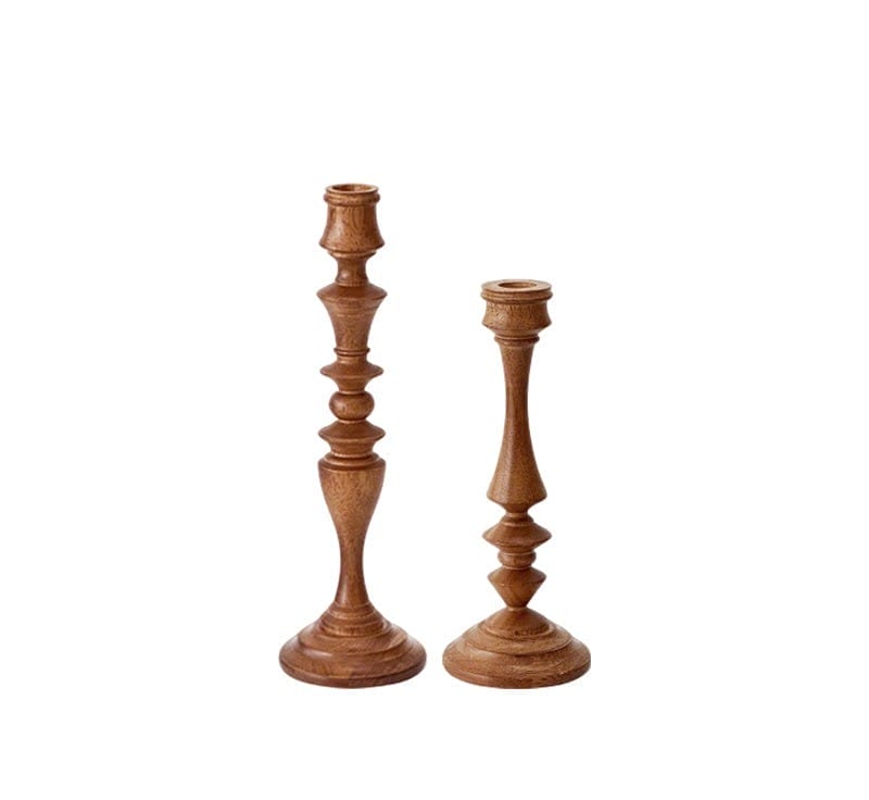 Rustic Oak Candlesticks Pair: Wooden candlesticks, wholesale for restaurant & gift. Includes 4 candles.