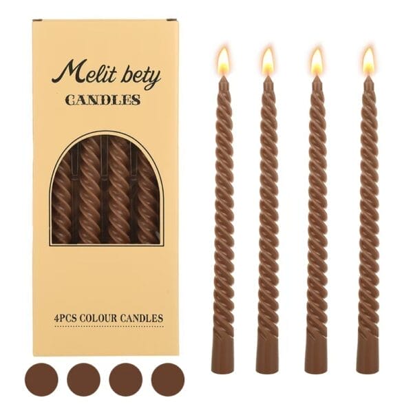 Melit bety Candles: Box of four brown twisted candles, rustic style for gifts or restaurants.