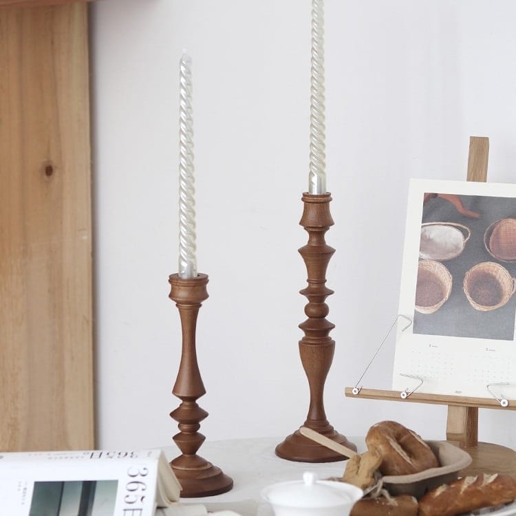 Rustic Oak Candlesticks (Pair) with twisted candles. Wooden candlesticks for restaurant or gift.