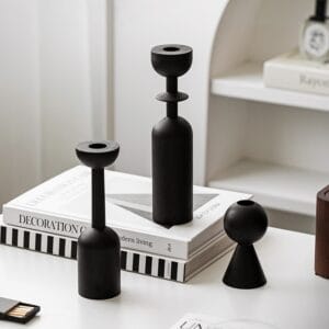 Matte Black Wood-Effect Candle Holders: Roman, Circle, Goblet pillar candle holder set, ideal for wholesale.