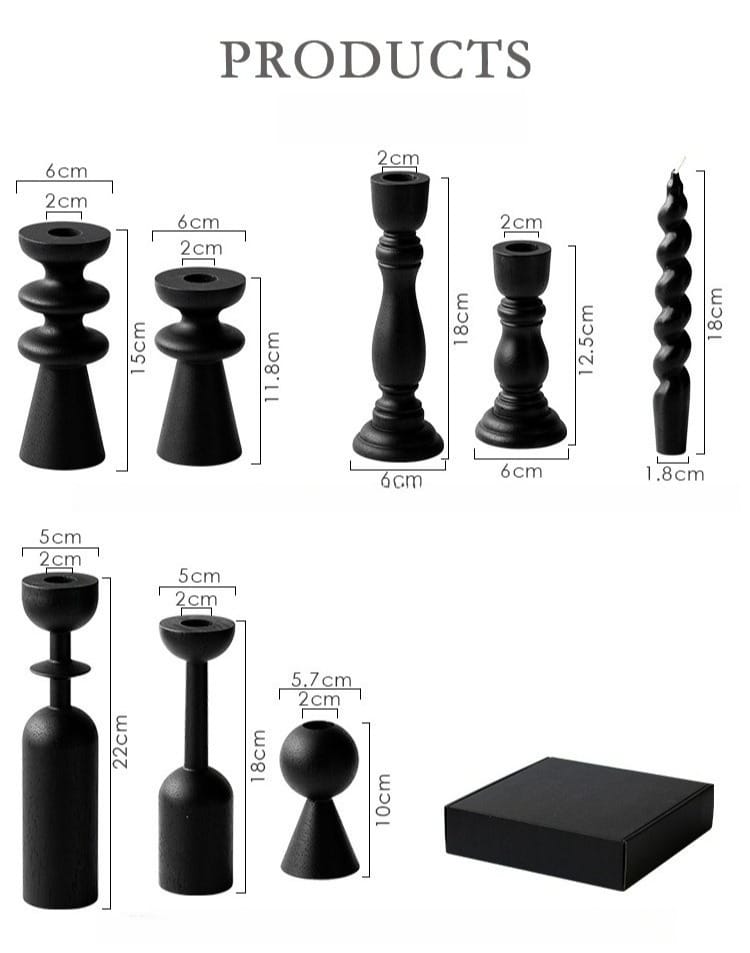 Matte Black Wood-Effect Wooden Pillar Candle Holders: Roman, Circle, Goblet styles for wholesale.