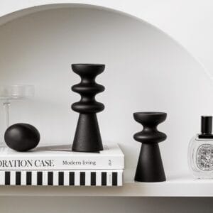 Matte Black Wood-Effect Pillar Candle Holders: Roman, Circle, and Goblet styles on display