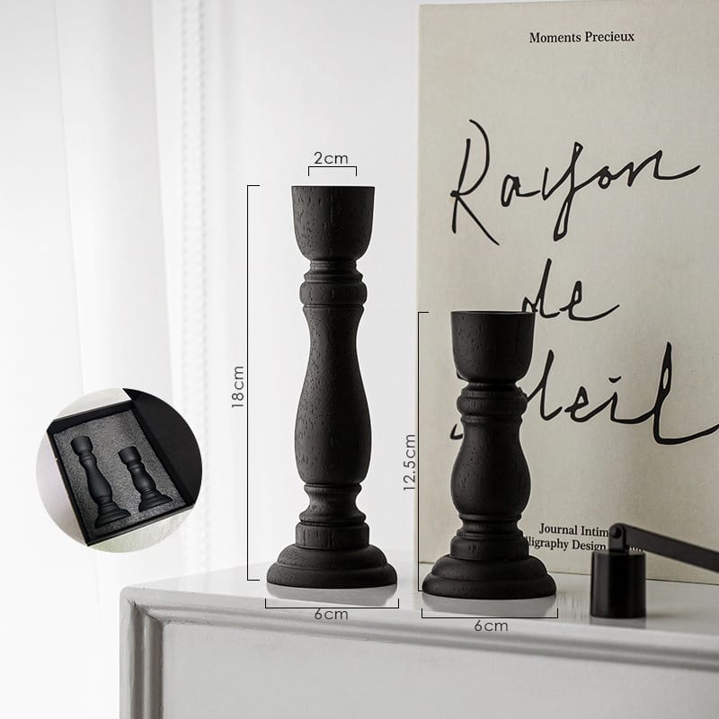 Matte Black Wood-Effect Pillar Candle Holders: Roman, Circle, Goblet styles. Wholesale sets available.