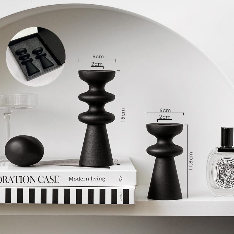 Matte Black Wood-Effect Wooden Pillar Candle Holders: Roman, Circle, and Goblet styles in two sizes