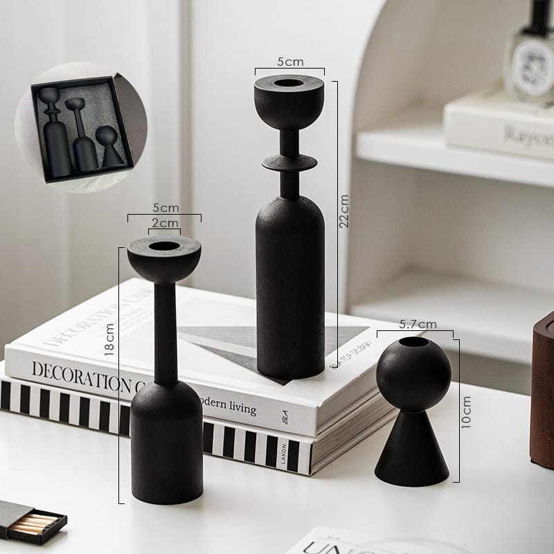 Matte Black Wood‑Effect Wooden Pillar Candle Holders: Roman, Circle, Goblet shapes, bulk sets for wholesale