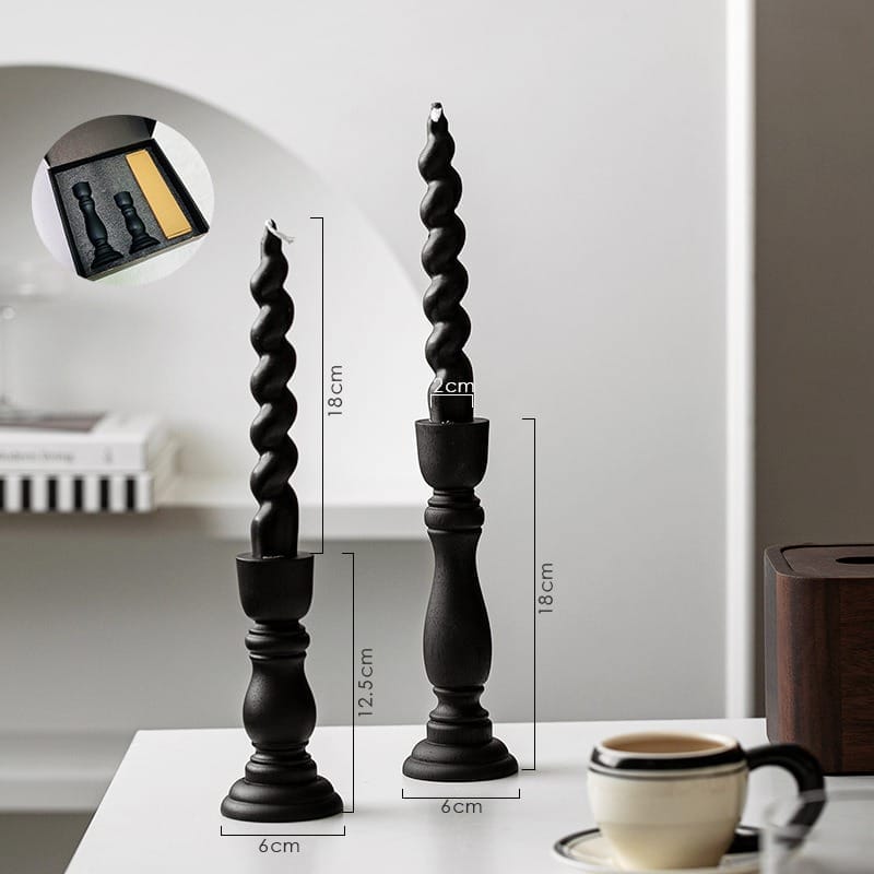 Matte Black Wood-Effect Pillar Candle Holders with spiral candles, also shown in a bulk set for wholesale.