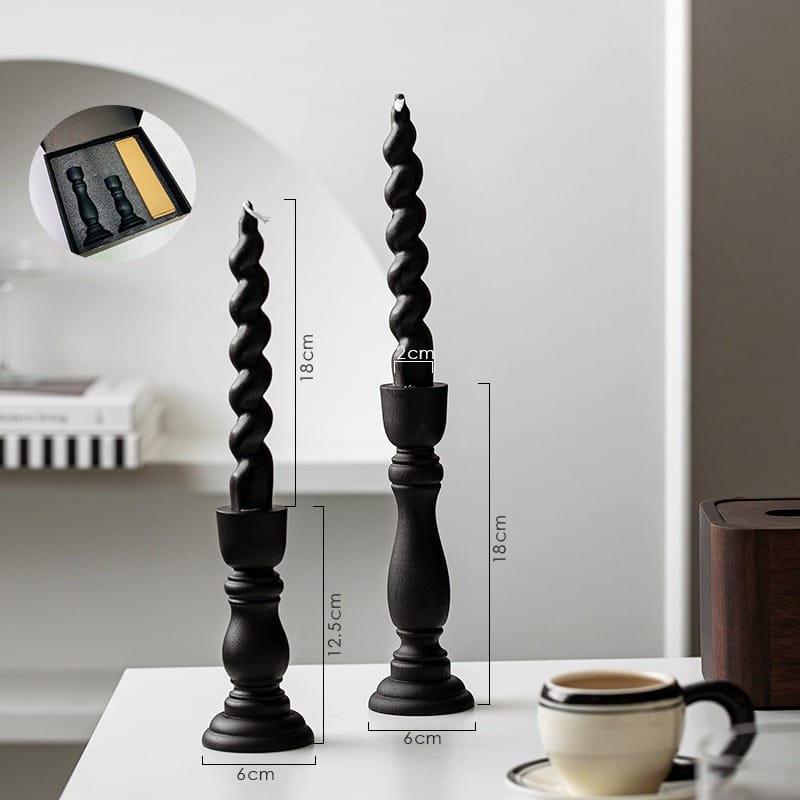 Matte Black Wood-Effect Pillar Candle Holders with spiral candles, also shown in a bulk set for wholesale.