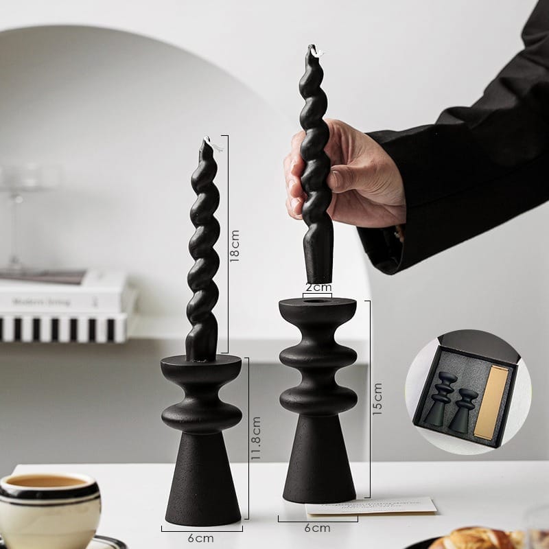 Matte Black Wood‑Effect Wooden Pillar Candle Holders (Roman, Circle, Goblet) with twisted candles.