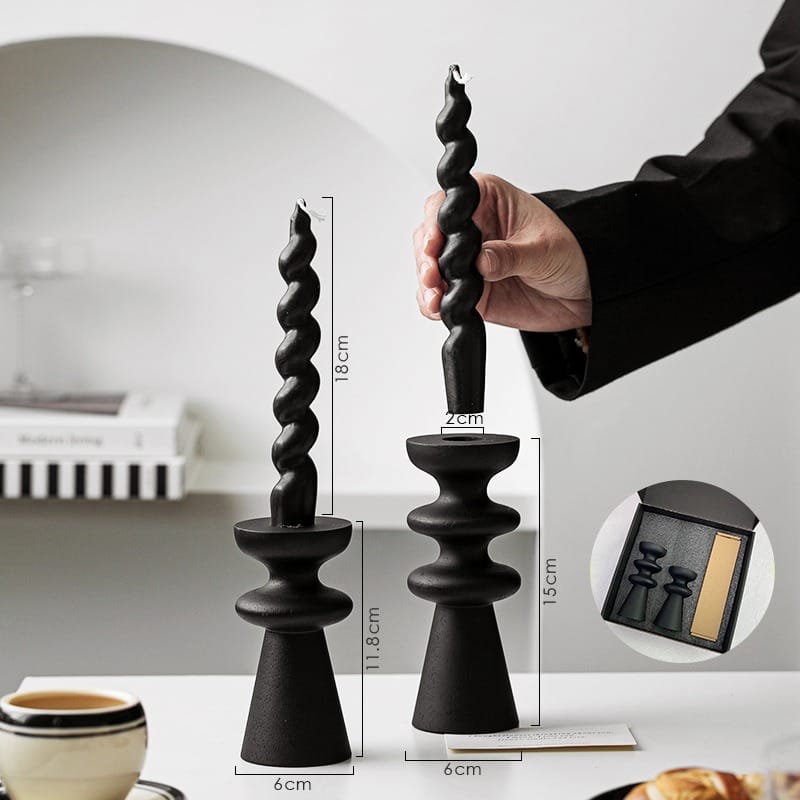 Matte Black Wood‑Effect Wooden Pillar Candle Holders (Roman, Circle, Goblet) with twisted candles.