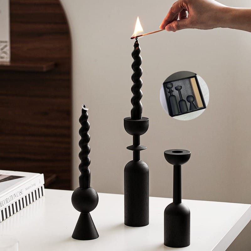 Matte Black Wood-Effect Wooden Pillar Candle Holders (Roman, Circle, Goblet) with lit spiral candle
