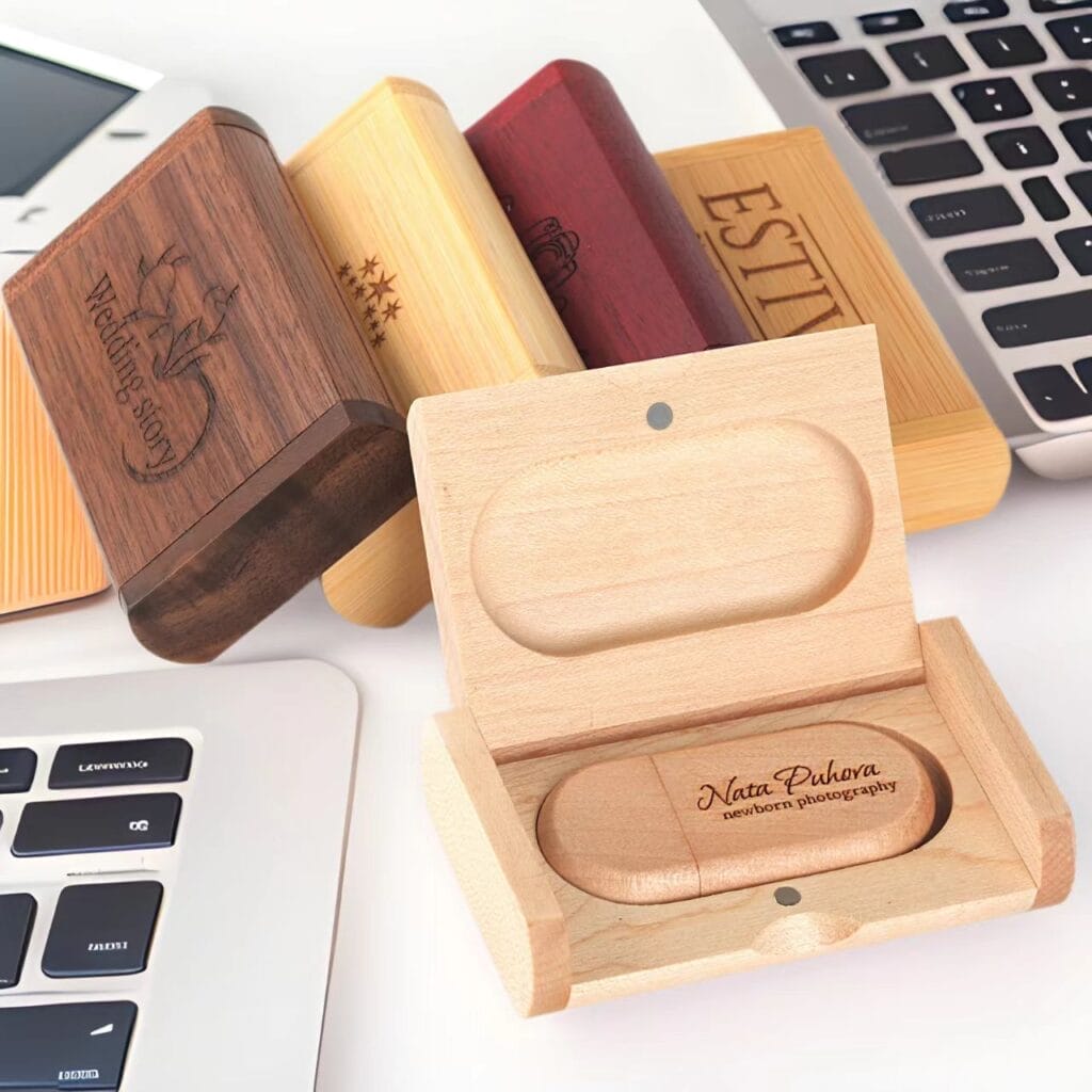 Wooden USB drive with custom engraving, perfect for photographer gifts and photo storage.