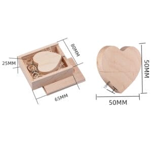 Custom Wooden USB Flash Drive in heart shape with box. Ideal for wedding favors.