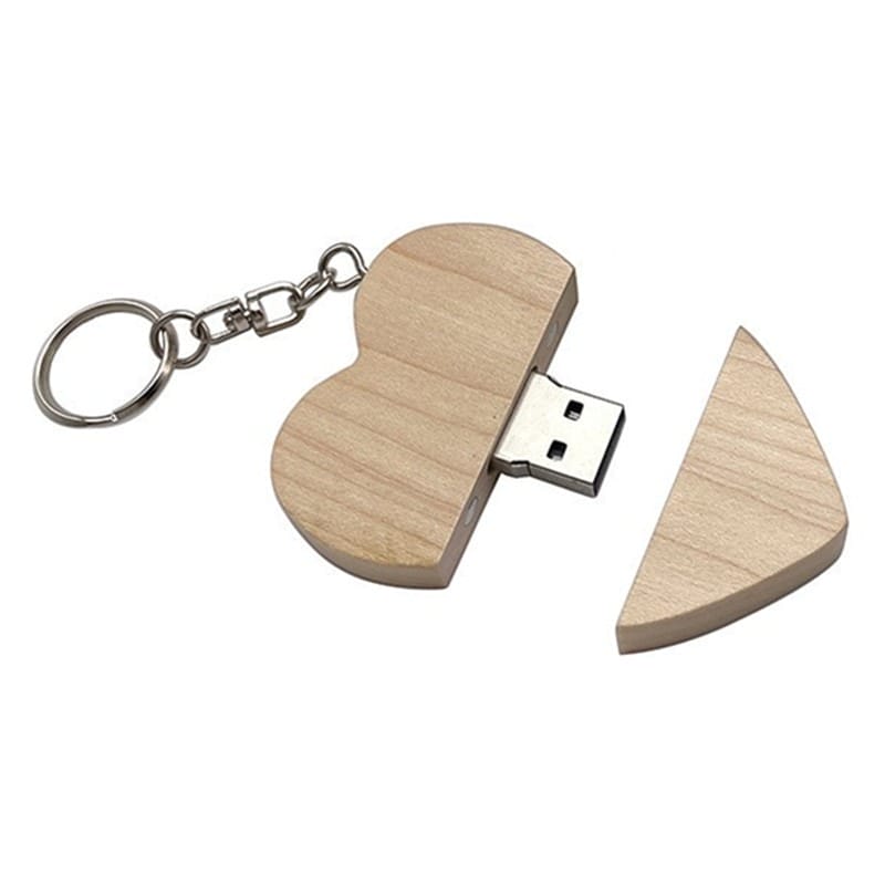 Custom Wooden USB Flash Drive: Heart-shaped, with keychain, perfect for wedding favors