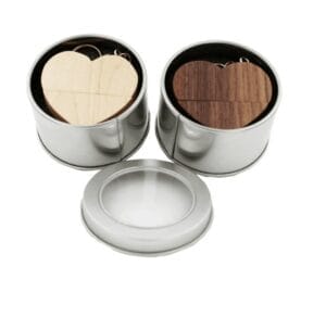 Custom Wooden USB Flash Drives for Wedding Favors: Heart-shaped USB in metal tins, one open