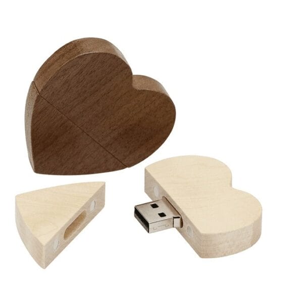 Custom Wooden USB Flash Drive, heart-shaped for wedding favors, multiple capacities available