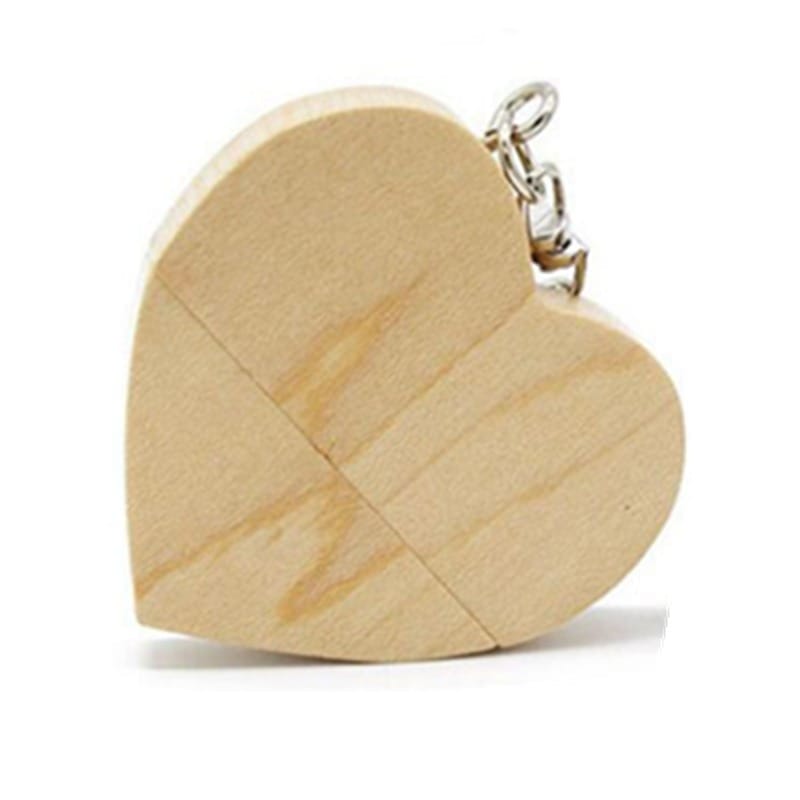Custom Wooden USB Flash Drive: Heart-shaped, perfect for wedding favors, with keychain and multiple capacities.