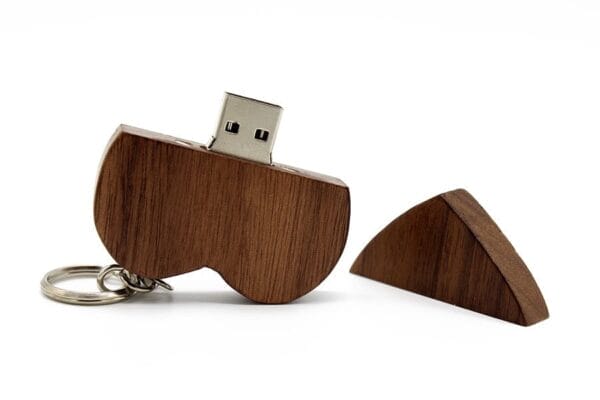 Custom Wooden USB Flash Drive with key ring and removable cap. Perfect wedding favor, multiple capacities available.