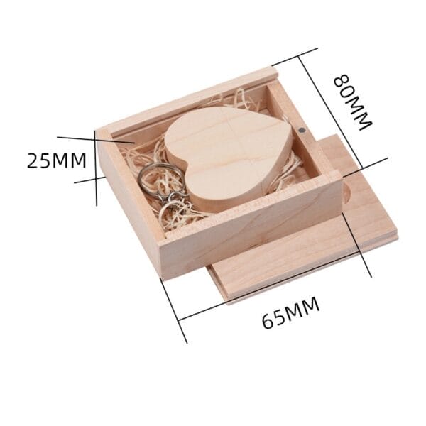 Custom Wooden USB drive in wood box with keychain. Wedding favor with engraved logo option.