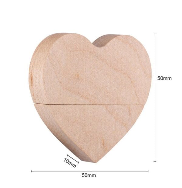 Custom Wooden USB Flash Drive in heart shape, 50mm x 50mm, ideal for wedding favors.