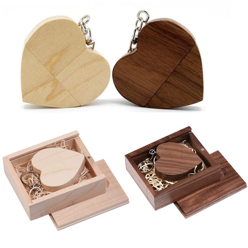Custom Wooden USB Flash Drives: Heart-shaped, light & dark wood, in matching boxes, ideal wedding favors.