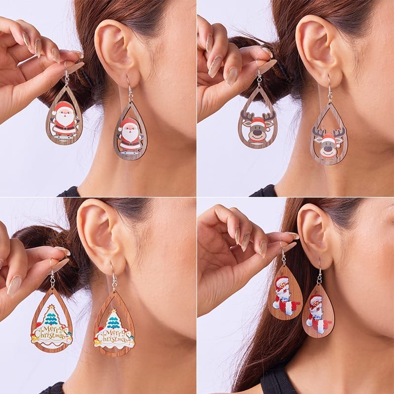 Christmas earrings: Santa, reindeer, snowman, and Christmas tree wooden teardrop dangle earrings