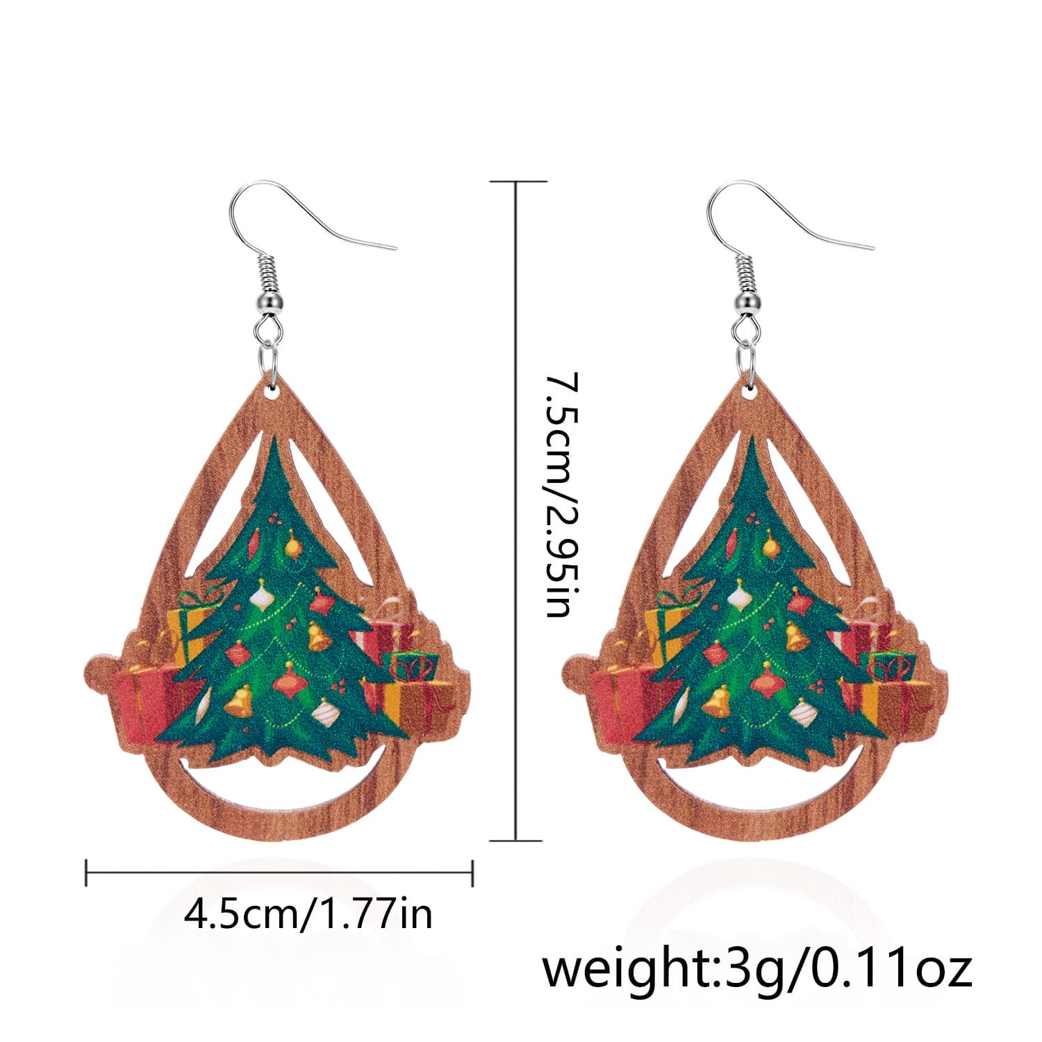 Christmas tree earrings with gifts. Festive holiday jewelry with wood teardrop shape.