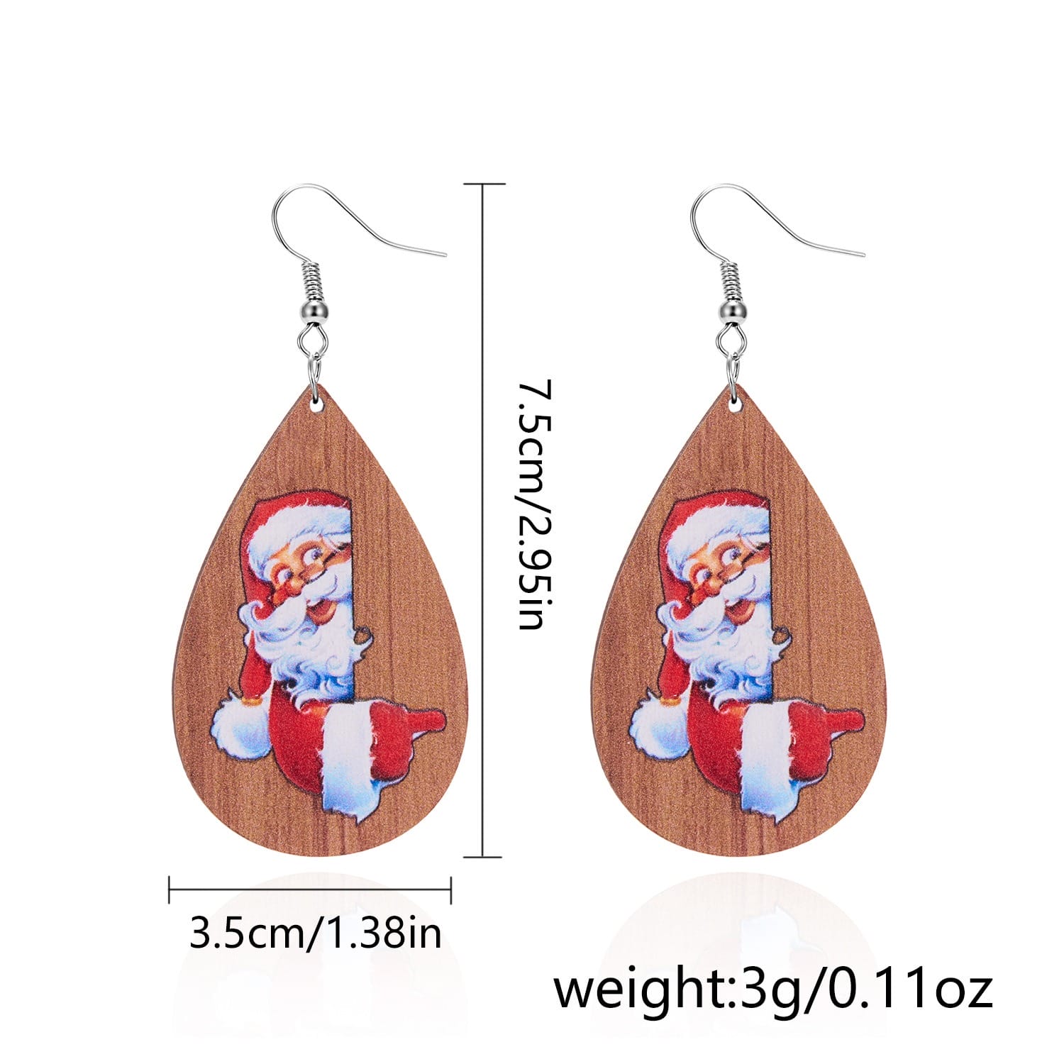 Santa Claus teardrop earrings, festive Christmas jewelry with wooden-look background