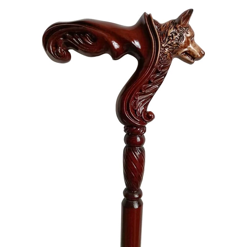 Elegant wolf head walking cane, carved from wood, a stylish mobility aid