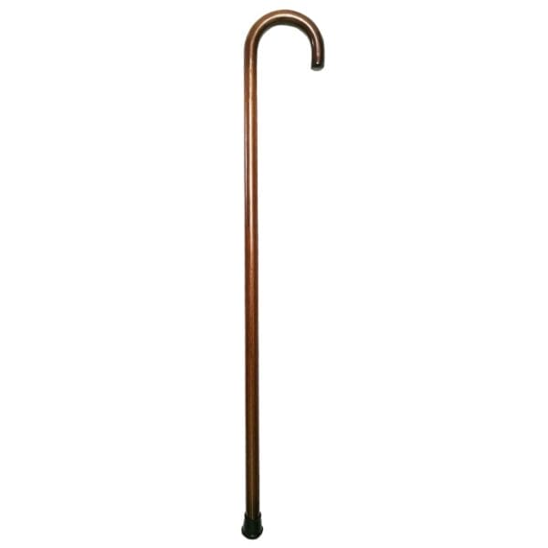 Custom Wood Walking Cane: Hand-finished brown wooden cane with curved handle and rubber tip