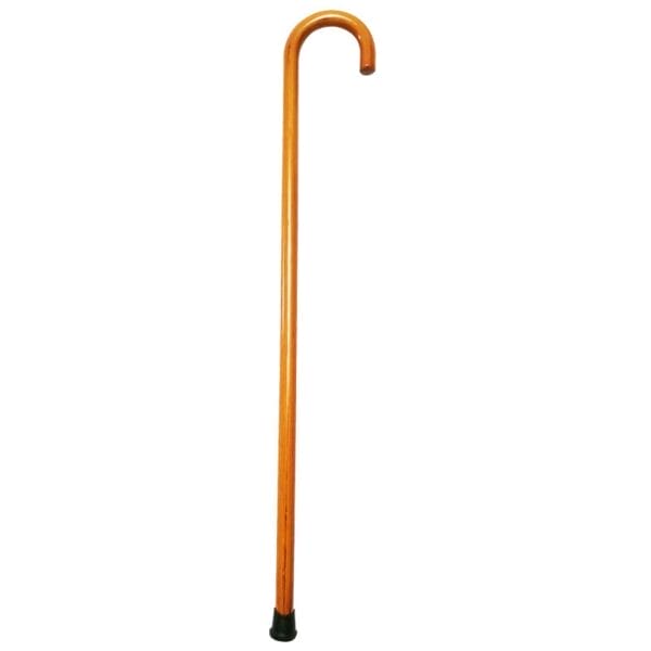 Custom Wood Walking Cane: Hand-finished wooden walking stick with curved handle and rubber tip.