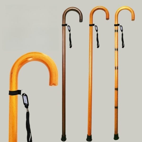 Custom Wood Walking Canes: Hand-finished wooden canes with curved handles, available in multiple finishes.