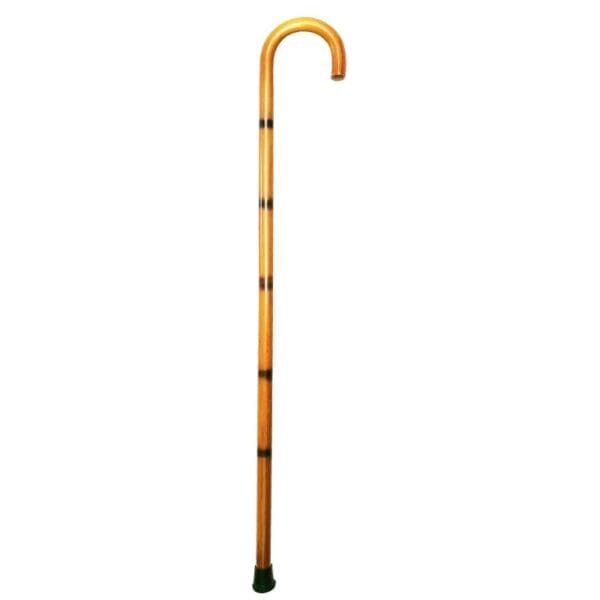 Custom Wood Walking Cane: Hand-finished wooden cane with curved handle and dark decorative stripes.