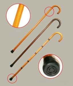 Custom Wood Walking Canes: Hand-finished wooden canes with crook handles and rubber tips, ideal for retail or gifts.