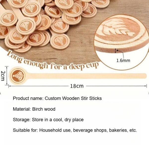 Custom wooden stir sticks made of birch wood, 18cm long, ideal for deep cups and beverage shops