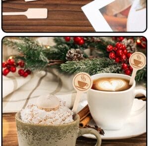 Custom wooden stir sticks in coffee cups with whipped cream and latte art, great for coffee, tea, and party favors.