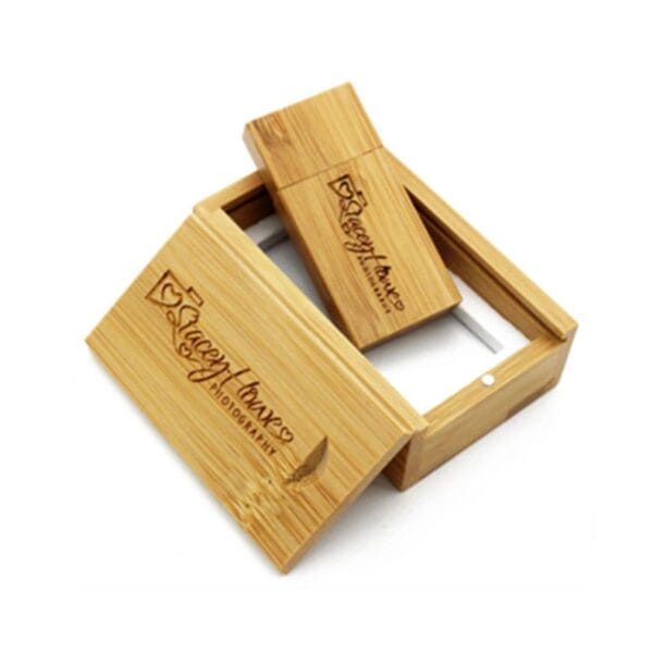 Wooden USB drive and box set engraved with "Stacey Flowers Photography
