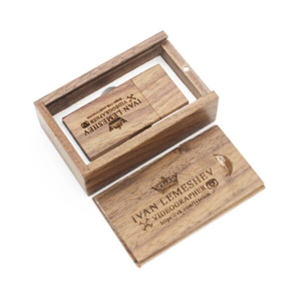 Wooden USB drive and box set, engraved with "IVAN LEMESHEV VIDEOGRAPHER