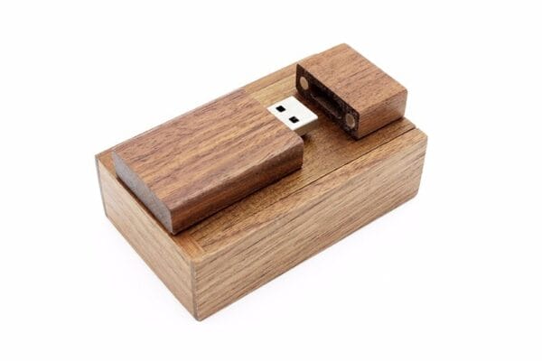 Wooden USB drive and matching wooden box for secure data storage and stylish presentation