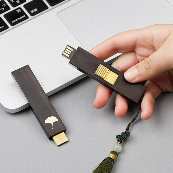 Personalized Wood USB Drive with logo, wooden flash drive with tassel detail.