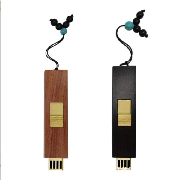 Personalized Wood USB Drive: Brown and black custom wooden flash drives with logo engraving and beaded charm