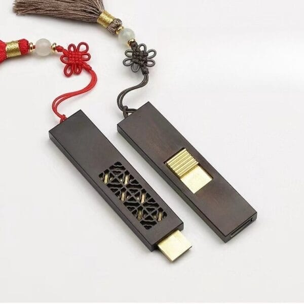 Personalized Wood USB Drive with tassel; one has decorative cutout. Custom wooden flash drives.