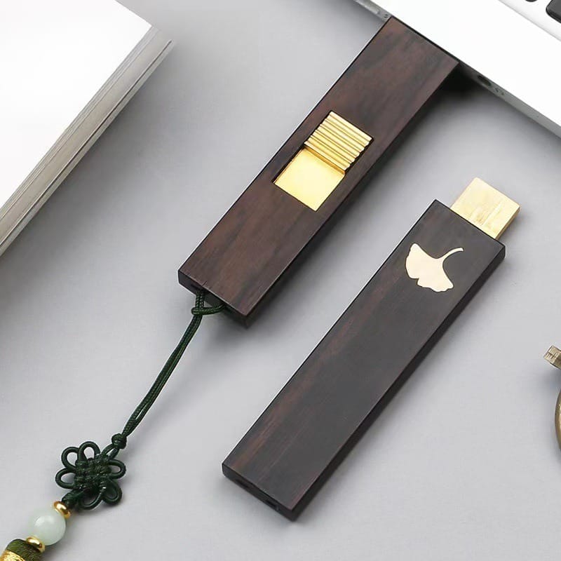 Personalized Wood USB Drive: Custom wooden flash drive with logo engraving, shown open and plugged into a laptop.