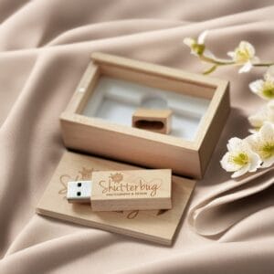 Wood USB drives with logo "Shutterbug Photography & Design" with matching wooden box and card.