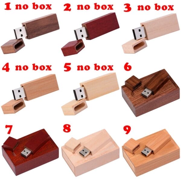 Wood USB drives with logo, available in multiple wood finishes and styles, with removable cap.