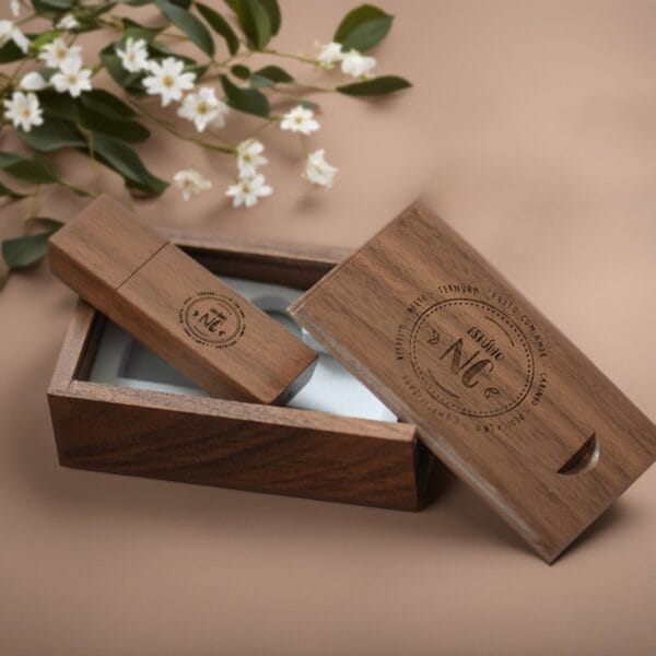 Wood usb drives with logo in matching wooden box.