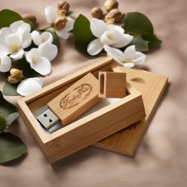 Wood USB drive with logo in a matching wooden box, surrounded by white flowers and greenery