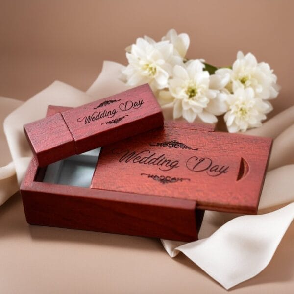 Wood USB drive with "Wedding Day" logo, presented in matching wooden box.