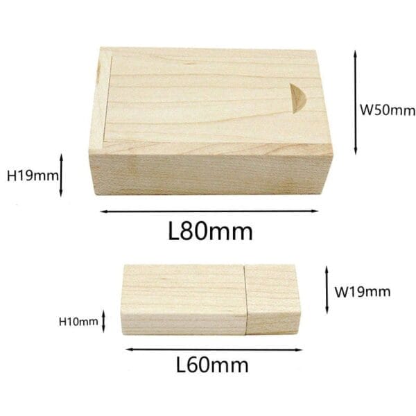 Wood USB drive with logo in wooden box. Dimensions: Drive 60x19x10mm, Box 80x50x19mm.