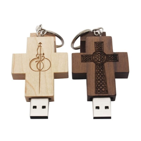 AUTO-DRAFT: Wooden cross USB drives, light & dark wood, unique engraved designs, keyring attachment